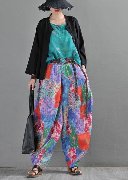 2021 Summer Literature And Art Loose Ramie Print Baggy Pants - SooLinen