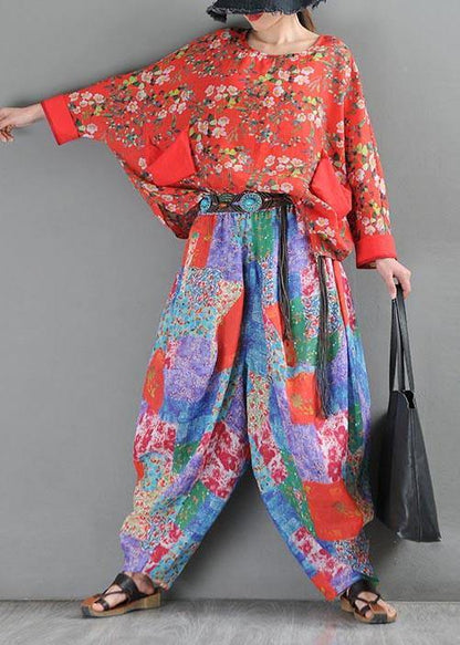 2021 Summer Literature And Art Loose Ramie Print Baggy Pants - SooLinen