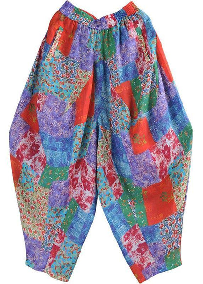 2021 Summer Literature And Art Loose Ramie Print Baggy Pants - SooLinen