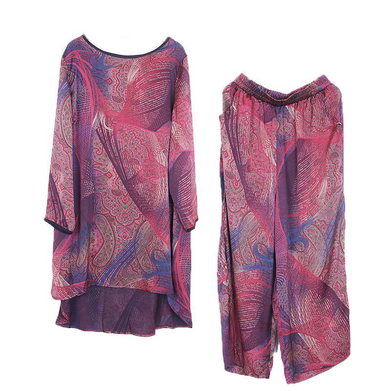 2021 Summer New Red Print Chiffon Suit Loose Shirt + Wide Leg Pants - SooLinen