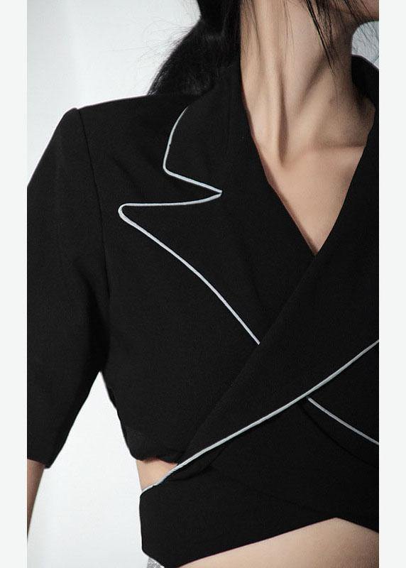 2021 Summer Off Back Black Blazer Crossover Top - SooLinen