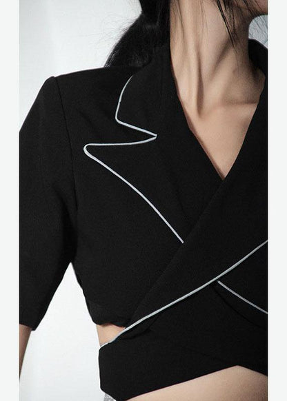 2021 Summer Off Back Black Blazer Crossover Top - SooLinen