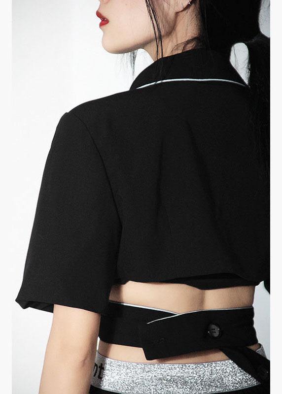 2021 Summer Off Back Black Blazer Crossover Top - SooLinen