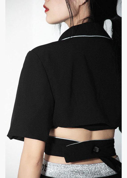 2021 Summer Off Back Black Blazer Crossover Top - SooLinen