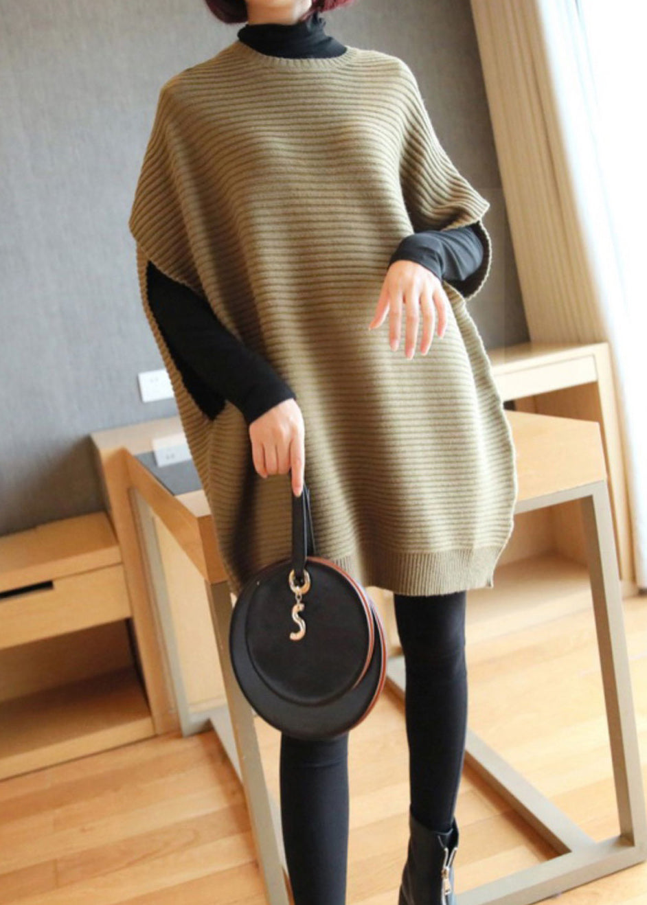 Französische hellgrüne O-Ausschnitt-Mode-Patchwork-Herbst-Strickweste