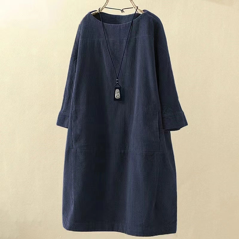 2024 grau lange patchwork prink baumwolle dicke kleider oversize o neck leinen frauen warme kleid