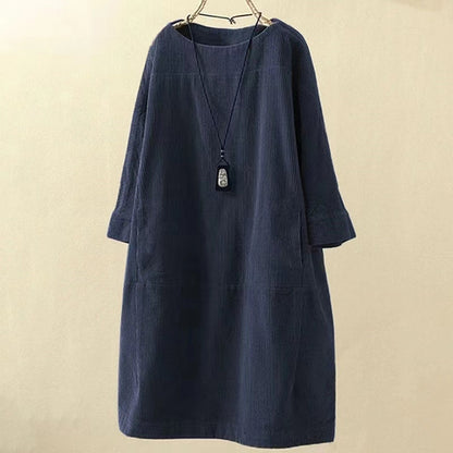 2024 grau lange patchwork prink baumwolle dicke kleider oversize o neck leinen frauen warme kleid