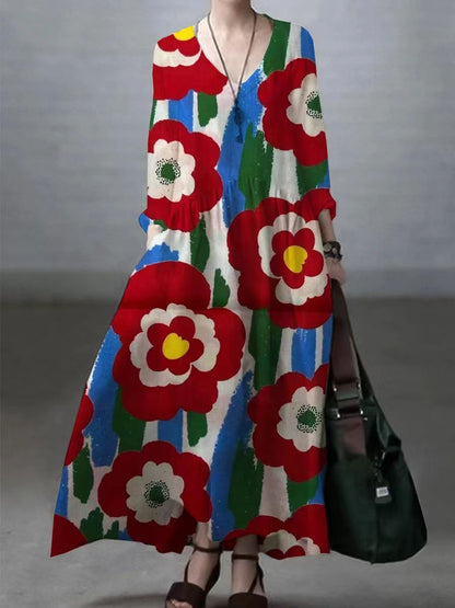 Vestido sencillo y holgado de algodón y lino con escote en V