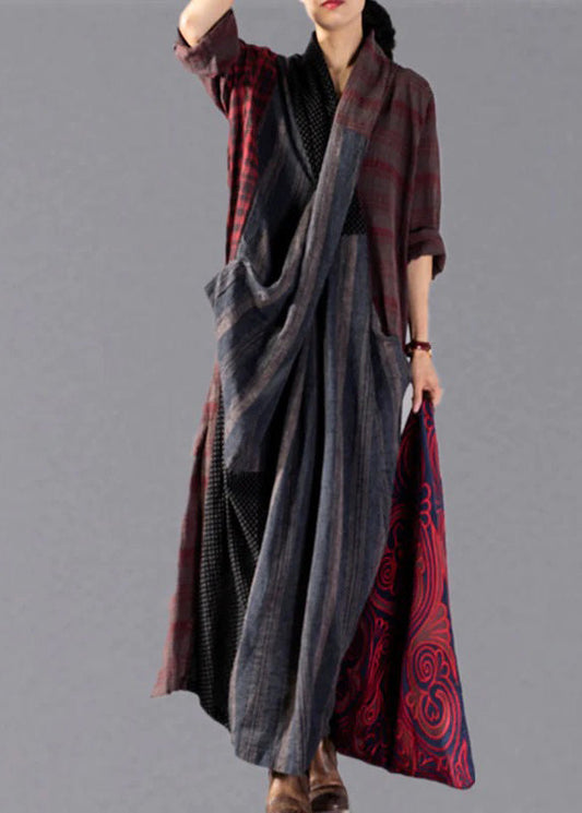 Neu Rot Plaid oversize v hals patchwork leinen kleidung kleid frauen taschen asymmetrische design