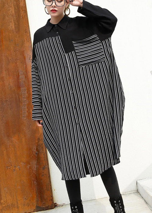Schwarze Leinenkleider für Frauen Locker sitzende Leinenkleidung Kleider feine Patchwork gestreifte Baumwollkleidung