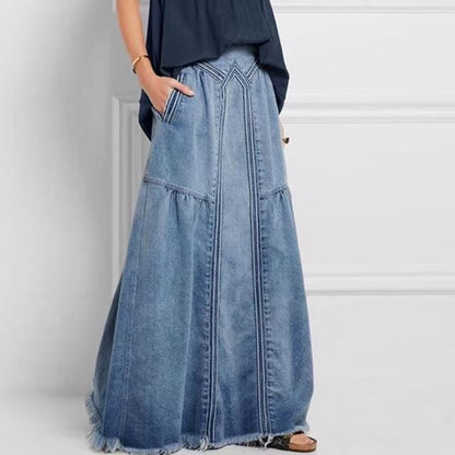 Damen Distressed Einfarbig Elastische Taille Lockerer Jeansrock Mit Tasche