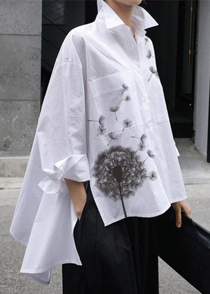 Natural White Dandelion Peter Pan Collar Low High Design Button Pockets Cotton Shirts Long Sleeve