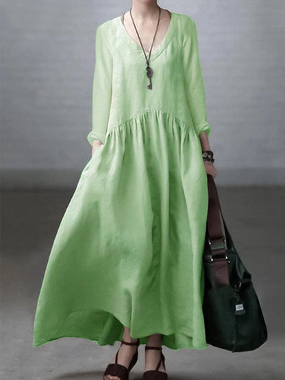 Vestido sencillo y holgado de algodón y lino con escote en V