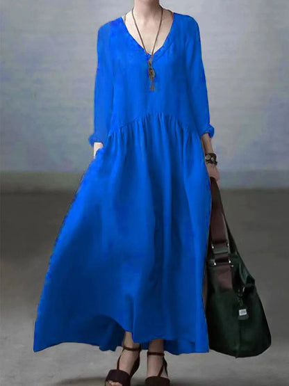Vestido sencillo y holgado de algodón y lino con escote en V