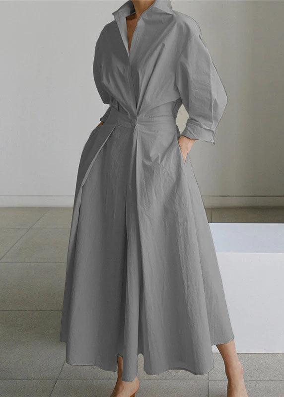 2024 Graues Baumwollkleid mit Peter-Pan-Kragen und Taschen, lange Ärmel