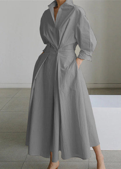 2024 Graues Baumwollkleid mit Peter-Pan-Kragen und Taschen, lange Ärmel