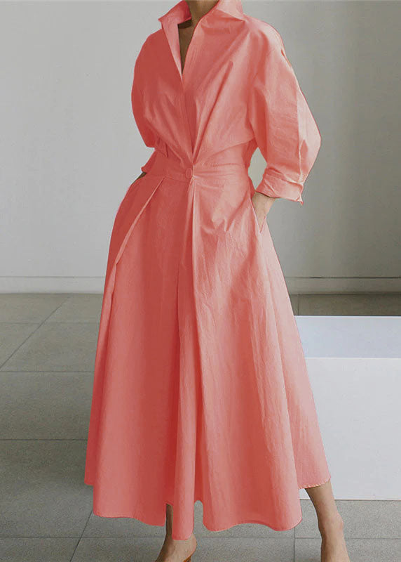 2024 Rosa Peter Pan Kragen Taschen Baumwolle Kleid Langarm