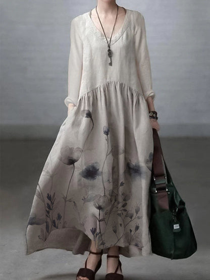 Vestido sencillo y holgado de algodón y lino con escote en V