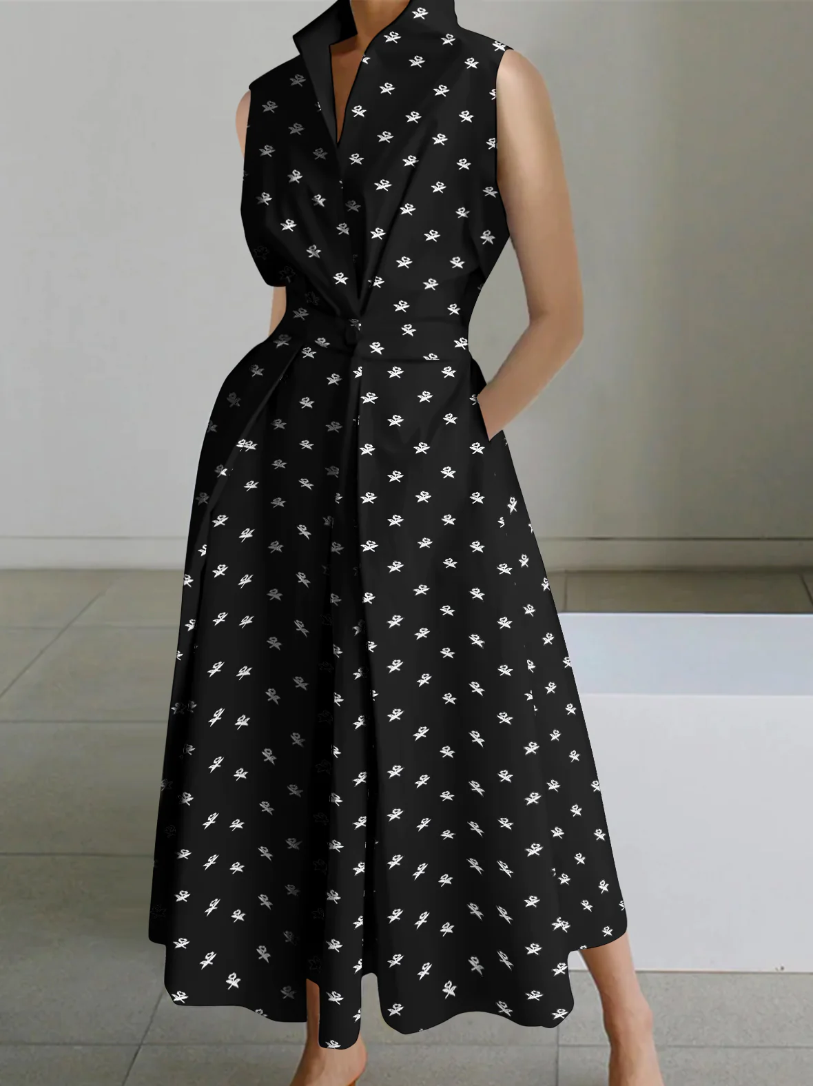 2024 Schwarze und braune Linien Peter Pan Kragen Taschen Baumwollkleid Langarm