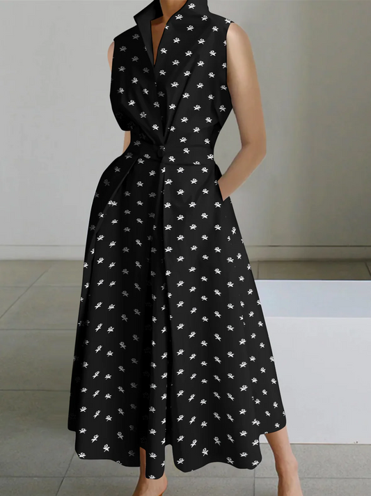 2024 Schwarz-kleine Punkte Peter Pan Kragen Taschen Baumwolle Kleid Langarm