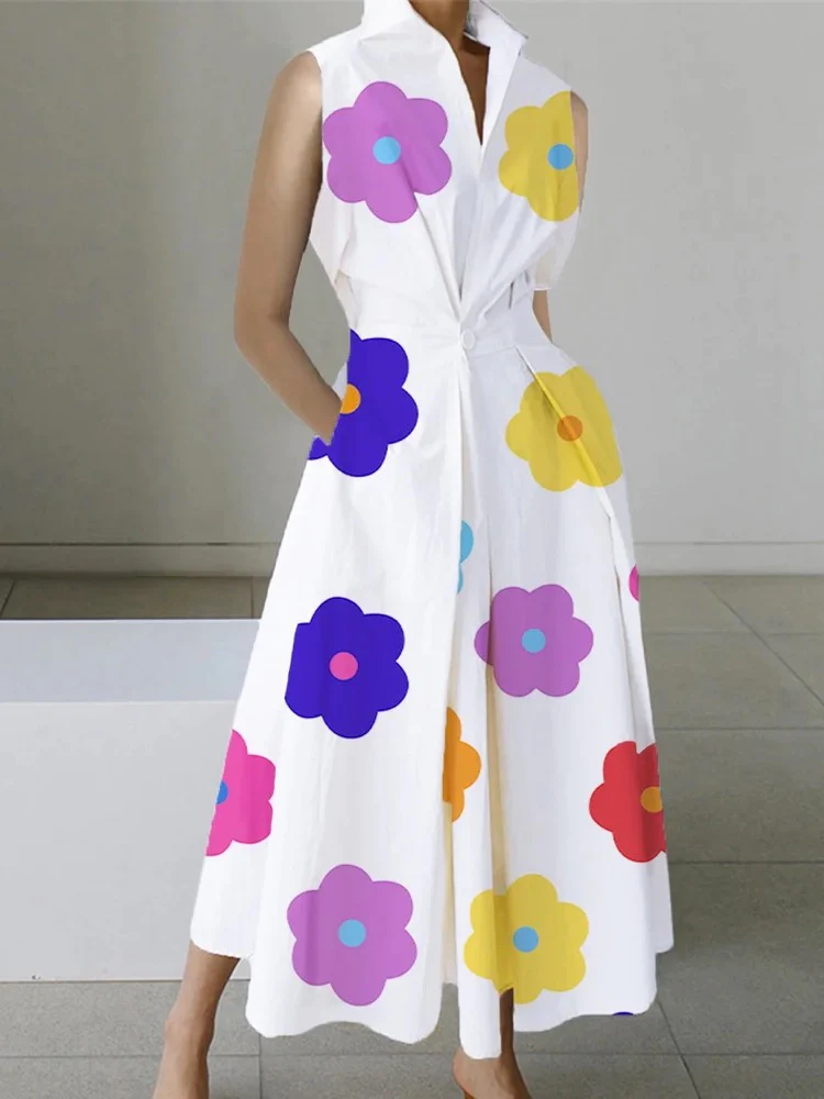 2024 Weiß-große Blume Peter Pan Kragen Taschen Baumwolle Kleid Langarm