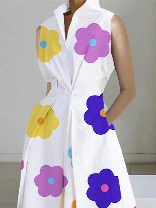 2024 Weiß-kleine Blume Peter Pan Kragen Taschen Baumwolle Kleid Langarm