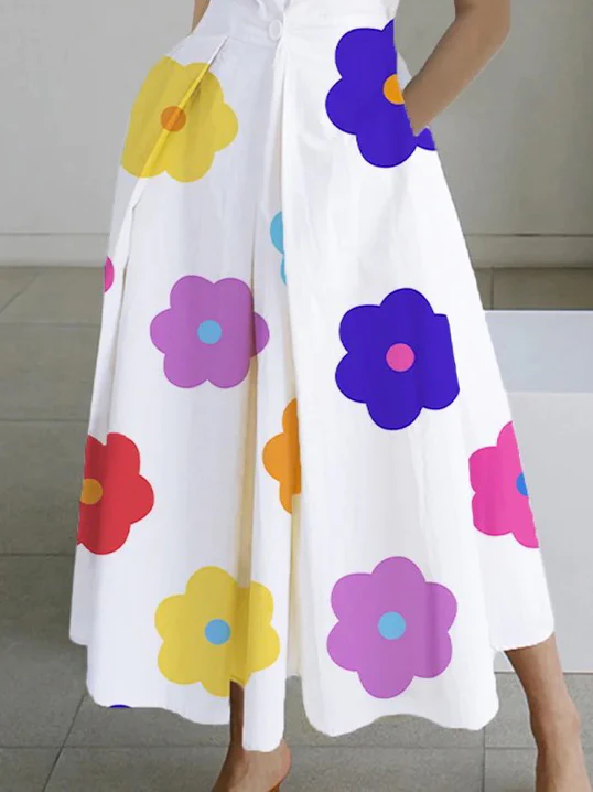 2024 Weiß-kleine Blume Peter Pan Kragen Taschen Baumwolle Kleid Langarm