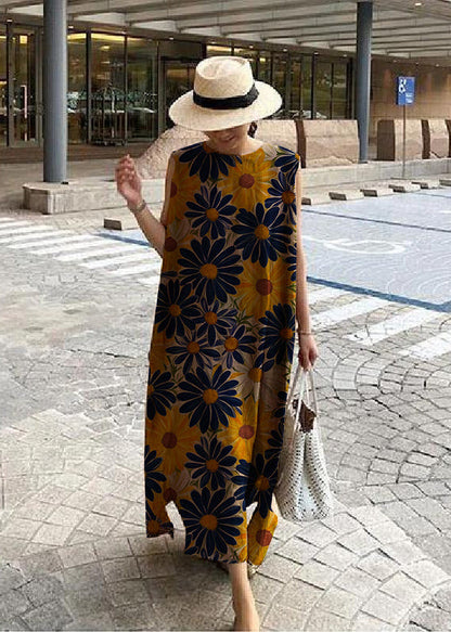 Bohemian O Neck Side Open Linen Cotton Clothes Fabrics Orange Dress