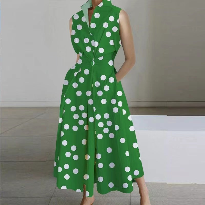 2024 Schwarz-kleine Punkte Peter Pan Kragen Taschen Baumwolle Kleid Langarm