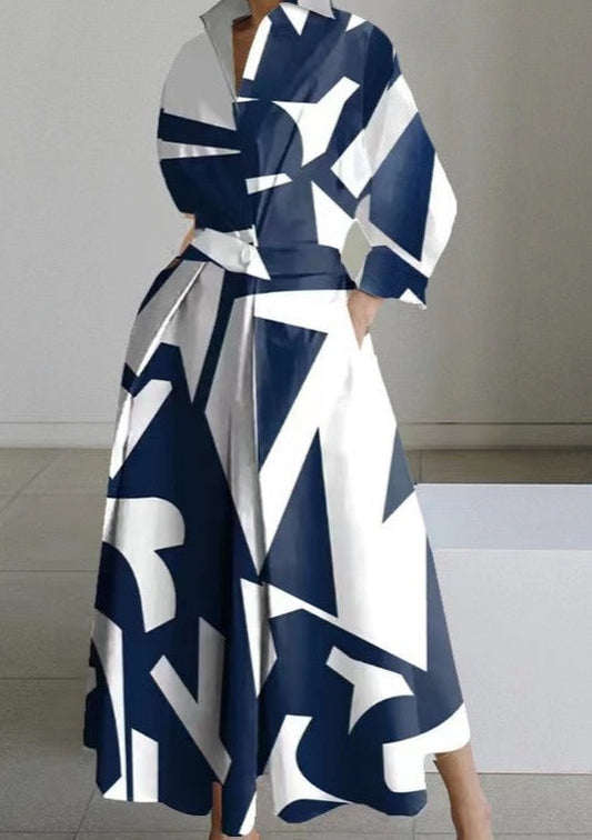 2024 Blau und weiß streifen Peter Pan Kragen Taschen Baumwolle Kleid Langarm