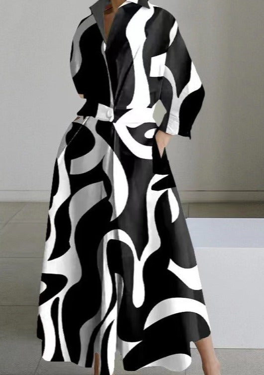 2024 schwarz und weiß streifen Peter Pan Kragen Taschen Baumwolle Kleid Langarm