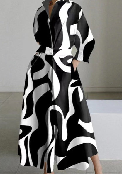 2024 Blau und weiß streifen Peter Pan Kragen Taschen Baumwolle Kleid Langarm