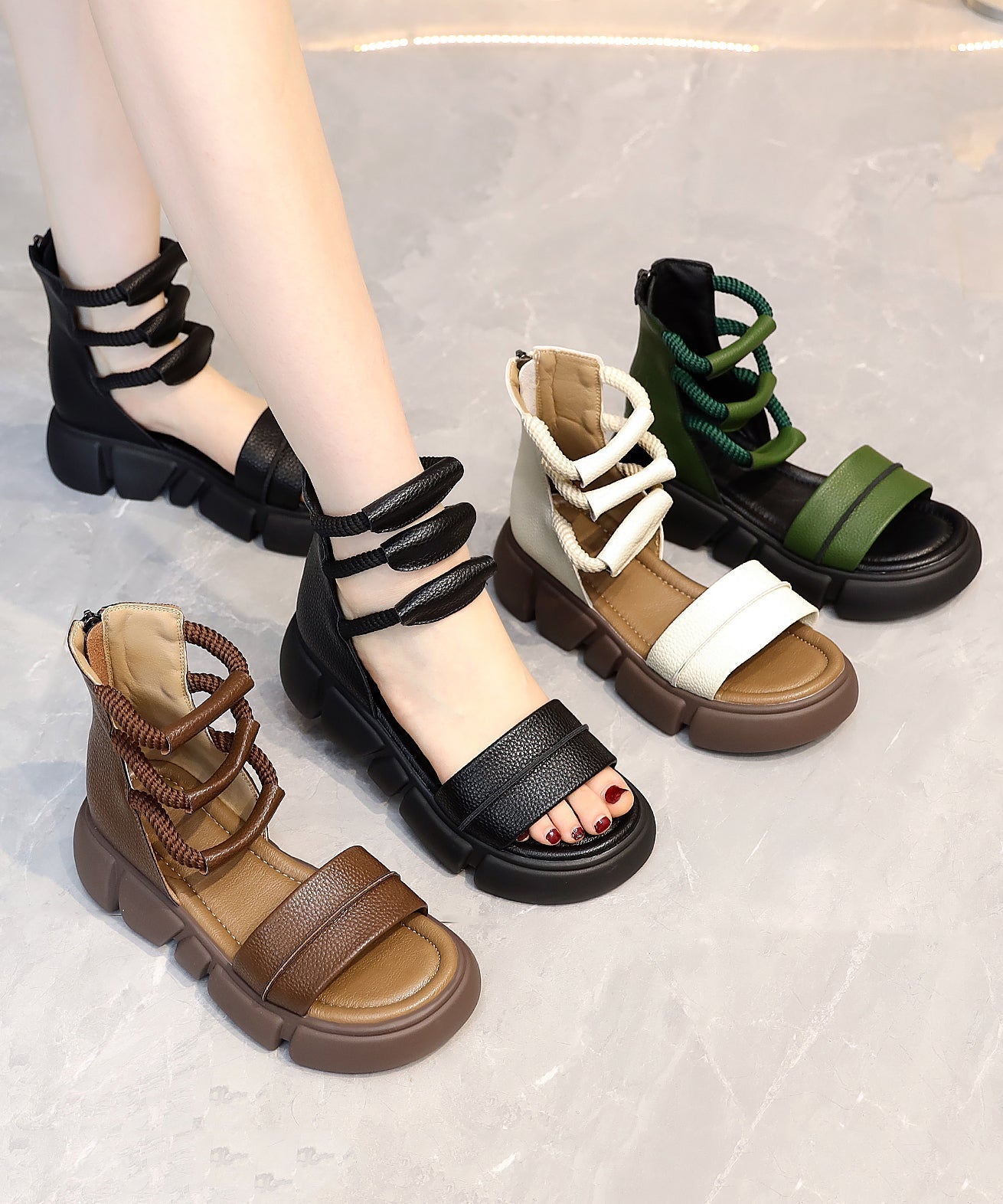2024 Braune, offene Zehenpartie mit Plateausohle, lässige römische Cool-Stiefel