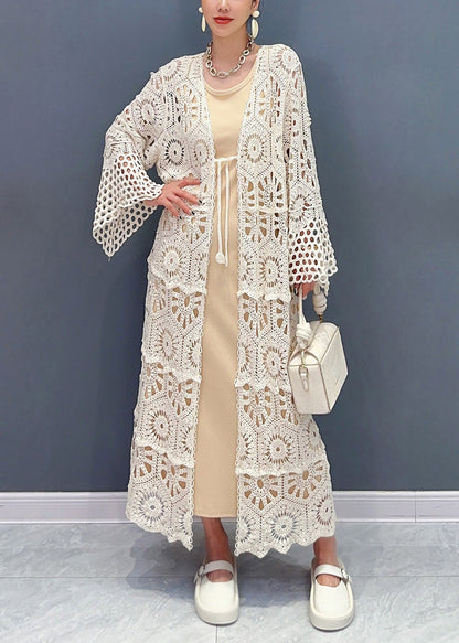 2025 Apricot V Neck Hollow Out Long Lace Cardigan Fall