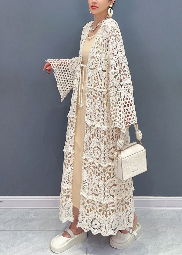 2025 Apricot V Neck Hollow Out Long Lace Cardigan Fall