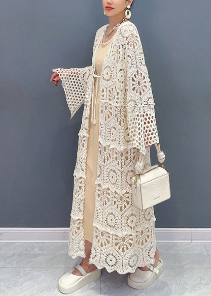 2025 Apricot V Neck Hollow Out Long Lace Cardigan Fall