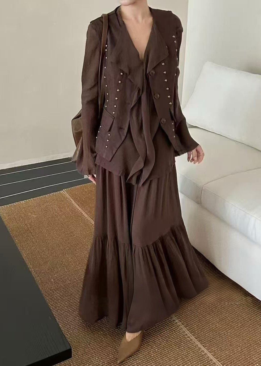 2025 Autumn New Coffee Ruffled Top Skirt Rivet Vest Three Piece Set