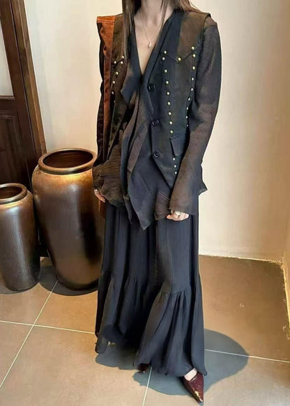 2025 Autumn New Coffee Ruffled Top Skirt Rivet Vest Three Piece Set