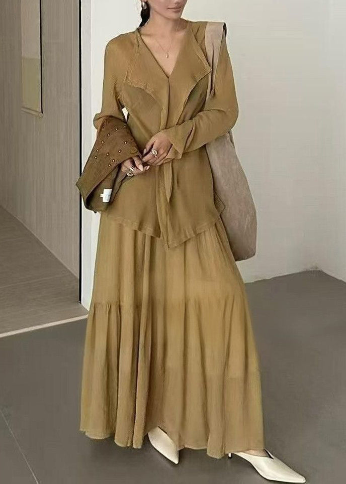 2025 Autumn New Coffee Ruffled Top Skirt Rivet Vest Three Piece Set