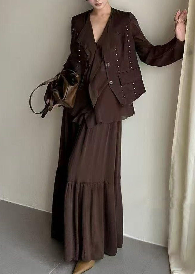 2025 Autumn New Coffee Ruffled Top Skirt Rivet Vest Three Piece Set