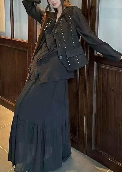 2025 Autumn New Coffee Ruffled Top Skirt Rivet Vest Three Piece Set