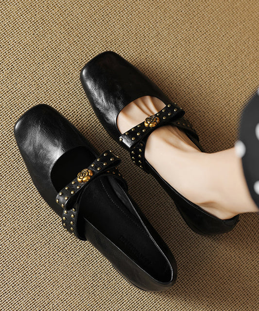 2025 Bow Rivet Splicing Chunky Loafer Shoes Black Sheepskin