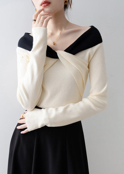 2025 New Beige Slash Neck Slim Cross Knit Top Spring