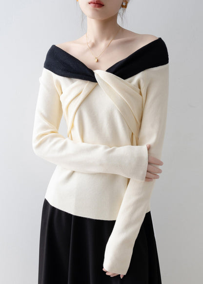2025 New Beige Slash Neck Slim Cross Knit Top Spring