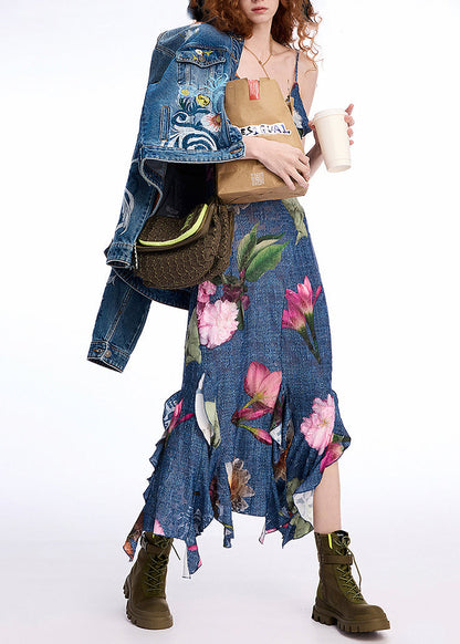 2025 New Blue Ruffled Print Cotton Spaghetti Strap Dress Summer