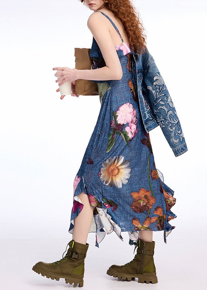 2025 New Blue Ruffled Print Cotton Spaghetti Strap Dress Summer