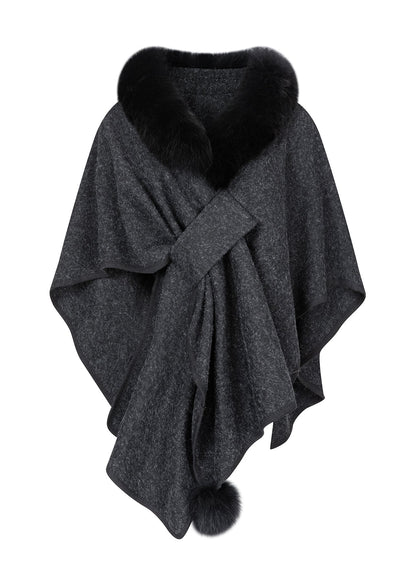 2025 New Brown Fox Fur Grass Shawl Woolen Coat Cloak Bat Sleeve