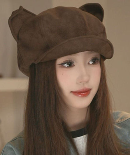 2025 New Coffee Faux Suede Cat's Ears Octagonal Hat