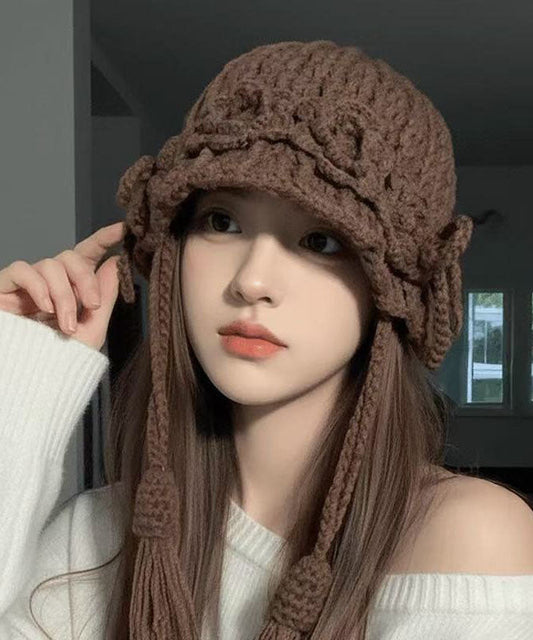 2025 New Coffee Handmade Tassel Flower Knitted Boonie Hat