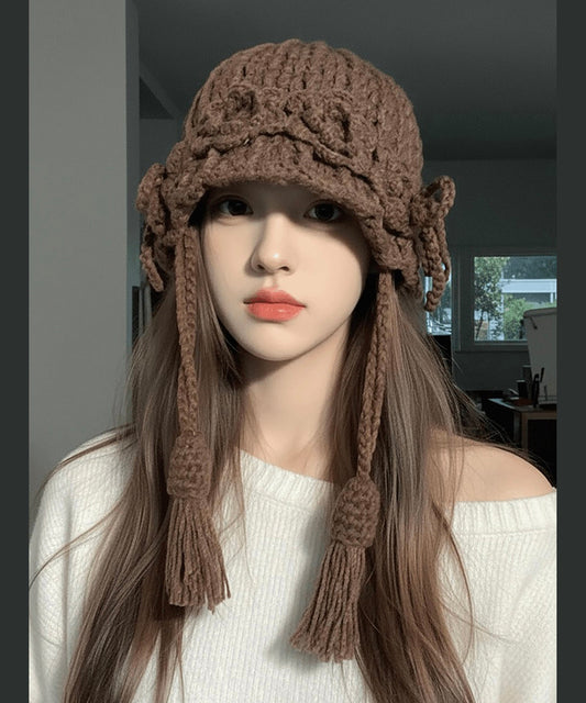 2025 New Coffee Handmade Tassel Flower Knitted Boonie Hat